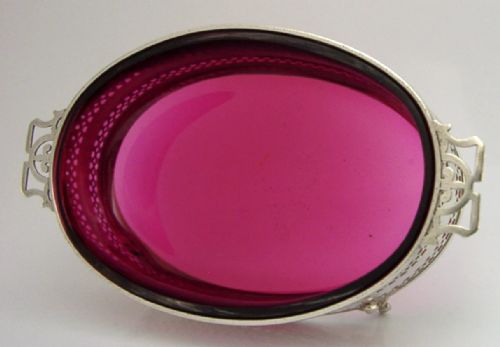BEAUTIFUL ENGLISH STERLING SILVER CRANBERRY GLASS DISH 1926 ANTIQUE 176G - ADDITIONAL PHOTO 5