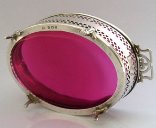 BEAUTIFUL ENGLISH STERLING SILVER CRANBERRY GLASS DISH 1926 ANTIQUE 176G - ADDITIONAL PHOTO 8