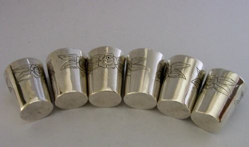 SIX SOLID SILVER 150G SHOT SCHNAPPS TOT CUPS C1940 BARWARE ROSES - ADDITIONAL PHOTO 5