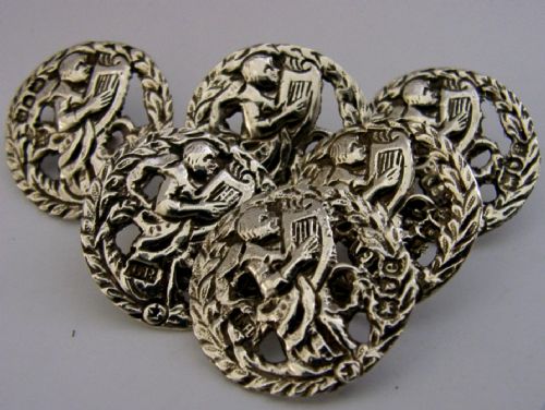 SIX ANTIQUE ENGLISH STERLING SILVER BUTTONS LONDON 1900 HARP PLAYER - ADDITIONAL PHOTO 1