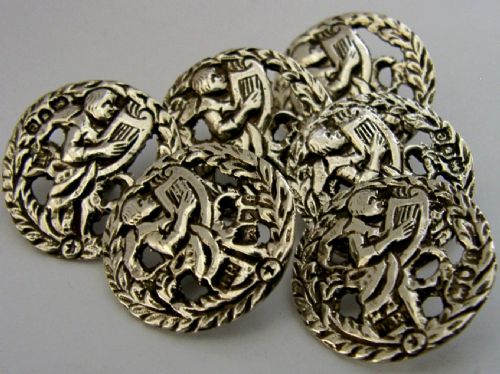 SIX ANTIQUE ENGLISH STERLING SILVER BUTTONS LONDON 1900 HARP PLAYER - ADDITIONAL PHOTO 5