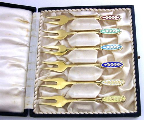 SIX STUNNING DANISH STERLING SILVER GILT ENAMELLED FORKS C1960S CASED MEKA - ADDITIONAL PHOTO 2