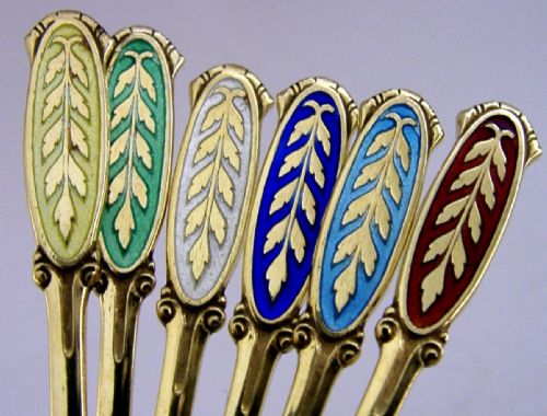 SIX STUNNING DANISH STERLING SILVER GILT ENAMELLED FORKS C1960S CASED MEKA - ADDITIONAL PHOTO 3