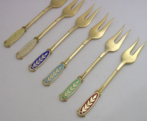 SIX STUNNING DANISH STERLING SILVER GILT ENAMELLED FORKS C1960S CASED MEKA - ADDITIONAL PHOTO 4