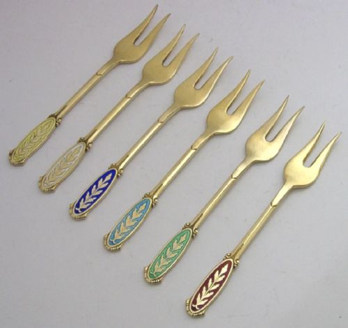 SIX STUNNING DANISH STERLING SILVER GILT ENAMELLED FORKS C1960S CASED MEKA - ADDITIONAL PHOTO 6