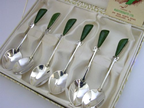 six cased solid silver new zealand jade spoons c1960 midcentury boxed - CATEGORY: ANTIQUE SILVER - DATED 1960