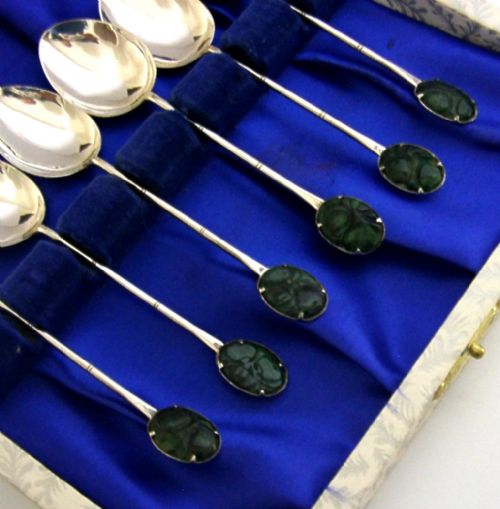 SIX CHINESE EXPORT SOLID SILVER JADE SPOONS C1940 BOXED 42G - ADDITIONAL PHOTO 1