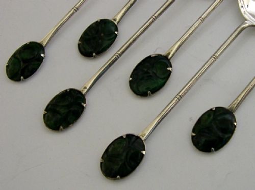 SIX CHINESE EXPORT SOLID SILVER JADE SPOONS C1940 BOXED 42G - ADDITIONAL PHOTO 7