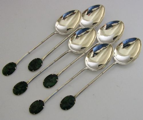 SIX CHINESE EXPORT SOLID SILVER JADE SPOONS C1940 BOXED 42G - ADDITIONAL PHOTO 8