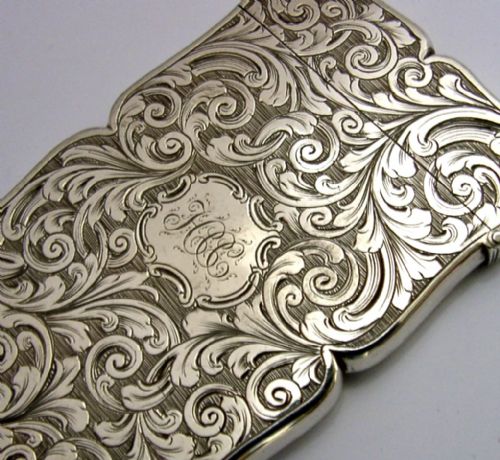 STUNNING EDWARD SMITH STERLING SILVER CARD CASE 1855 LEFT HANDED ANTIQUE MINT - ADDITIONAL PHOTO 1