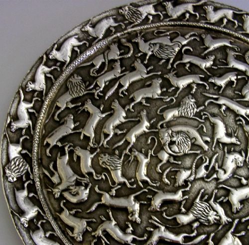 330G CEYLON SRI LANKA SOLID SILVER WILD ANIMALS TRAY SALVER C1920 ANTIQUE - ADDITIONAL PHOTO 1