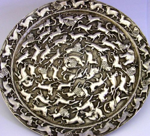 330G CEYLON SRI LANKA SOLID SILVER WILD ANIMALS TRAY SALVER C1920 ANTIQUE - ADDITIONAL PHOTO 3