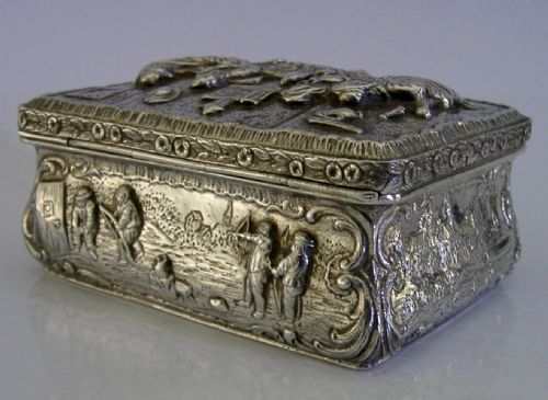 stunning 174g sterling silver table box 1897 antique archery bowls pub scenes - CATEGORY: ANTIQUE SILVER - DATED VICTORIAN