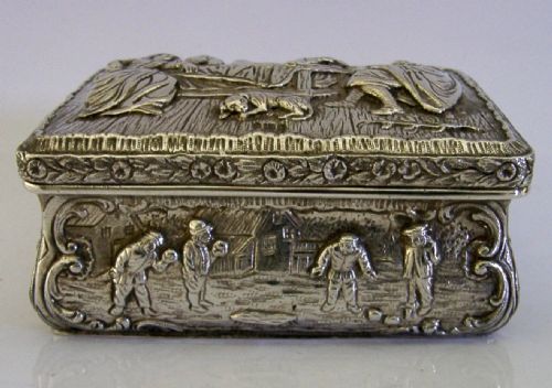 STUNNING 174G STERLING SILVER TABLE BOX 1897 ANTIQUE ARCHERY BOWLS PUB SCENES - ADDITIONAL PHOTO 2