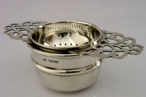 SUPERB ENGLISH STERLING SILVER TEA STRAINER DRIP BOWL STAND 1938 ART DECO - ADDITIONAL PHOTO 2