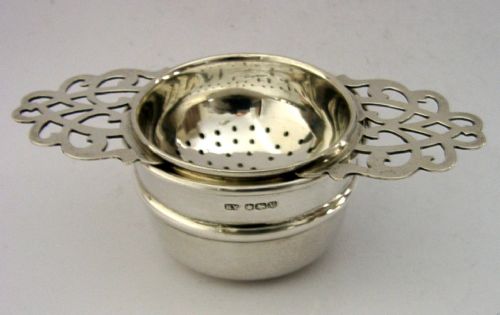 SUPERB ENGLISH STERLING SILVER TEA STRAINER DRIP BOWL STAND 1938 ART DECO - ADDITIONAL PHOTO 3