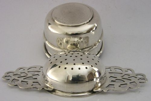 SUPERB ENGLISH STERLING SILVER TEA STRAINER DRIP BOWL STAND 1938 ART DECO - ADDITIONAL PHOTO 5