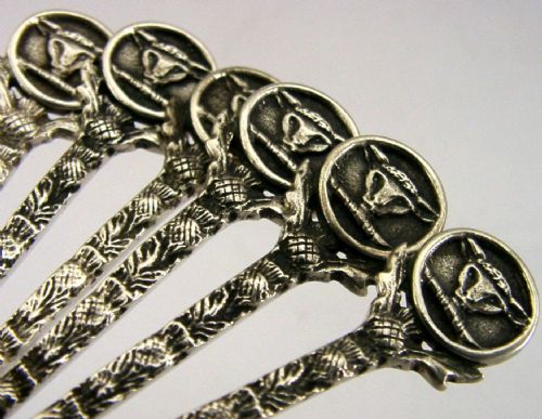 SIX SCOTTISH SOLID STERLING SILVER HIGHLAND CATTLE SPOONS 1955 ARTS CRAFTS - ADDITIONAL PHOTO 1