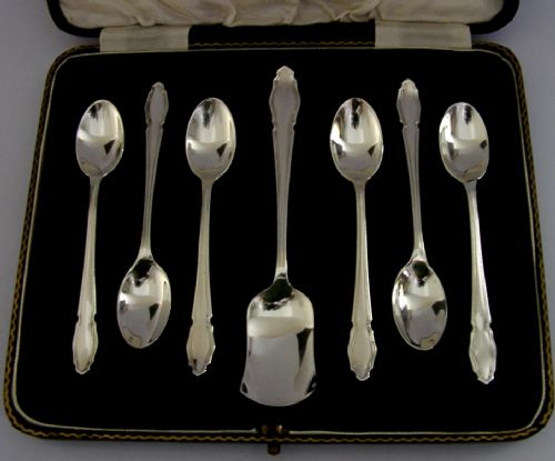 BEAUTIFUL SET OF SIX STERLING SILVER SPOONS SUGAR SCOOP 1932 CASED - ADDITIONAL PHOTO 2