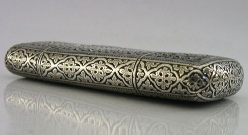 TOP QUALITY INDIAN 115G SOLID SILVER CIGAR CASE BOX C1890 ANTIQUE - ADDITIONAL PHOTO 4