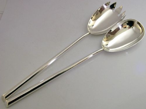 superb arts crafts english sterling silver salad servers 1909 antique 92g - CATEGORY: ANTIQUE SILVER - DATED EDWARDIAN