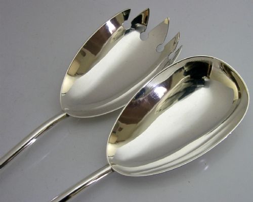 SUPERB ARTS CRAFTS ENGLISH STERLING SILVER SALAD SERVERS 1909 ANTIQUE 92G - ADDITIONAL PHOTO 1