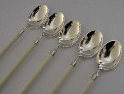 FIVE HANS HANSEN DANISH DESIGNER SOLID SILVER CERAMIC SUNDAE SPOONS C1950 MODERNIST - ADDITIONAL PHOTO 1