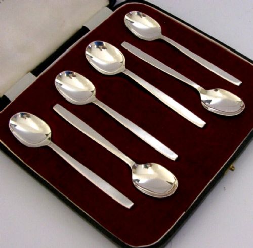 six gerald benney mid century modern sterling silver spoons chelsea 1966 cased - CATEGORY: ANTIQUE SILVER - DATED 1960