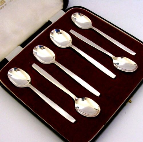 SIX GERALD BENNEY MID CENTURY MODERN STERLING SILVER SPOONS CHELSEA 1966 CASED - ADDITIONAL PHOTO 2
