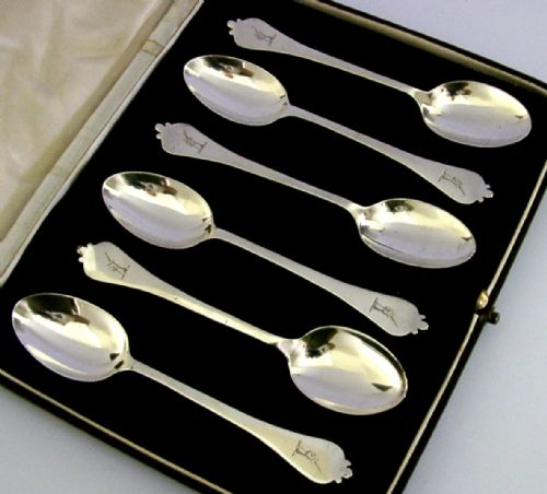 six scottish sterling silver gallaway family crested spoons 1902 cased - CATEGORY: ANTIQUE SILVER - DATED EDWARDIAN