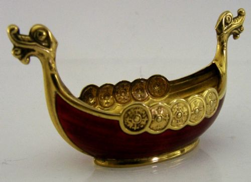 SUPERB NORWEGIAN STERLING SILVER ENAMEL VIKING BOAT SALT CELLAR POT C1940 - ADDITIONAL PHOTO 2