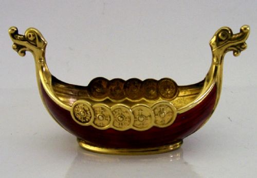SUPERB NORWEGIAN STERLING SILVER ENAMEL VIKING BOAT SALT CELLAR POT C1940 - ADDITIONAL PHOTO 3