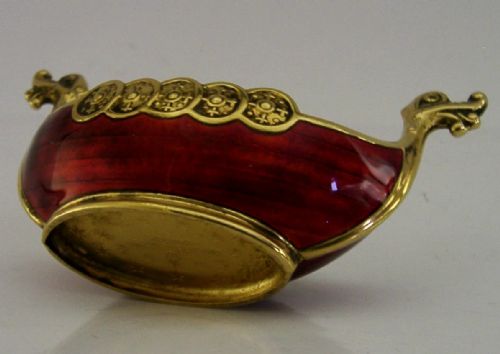 SUPERB NORWEGIAN STERLING SILVER ENAMEL VIKING BOAT SALT CELLAR POT C1940 - ADDITIONAL PHOTO 4