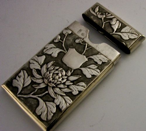 STUNNING CHINESE EXPORT SILVER CARD CASE C1890 ANTIQUE BIRD CHRYSANTHEMUM - ADDITIONAL PHOTO 5