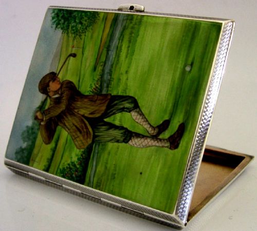 SAMPSON MORDAN STERLING SILVER ENAMEL HAND PAINTED GOLF CIGARETTE CASE 1933 - ADDITIONAL PHOTO 3