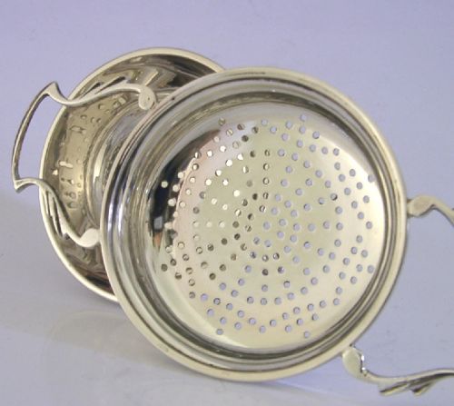 LARGE 100G ENGLISH STERLING SILVER TEA STRAINER AND DRIP BOWL STAND 1935 - ADDITIONAL PHOTO 1