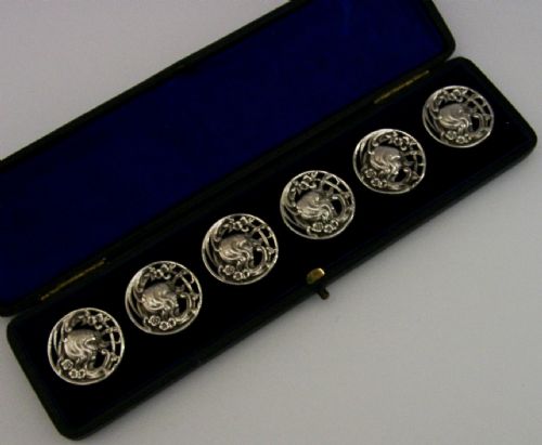 six english sterling silver art nouveau maiden buttons 1900 stunning cased - CATEGORY: ANTIQUE JEWELLERY - DATED 1900