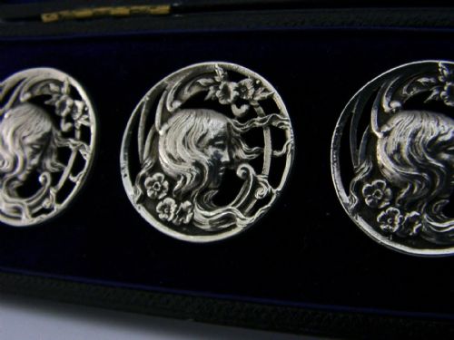 SIX ENGLISH STERLING SILVER ART NOUVEAU MAIDEN BUTTONS 1900 STUNNING CASED - ADDITIONAL PHOTO 1