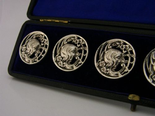 SIX ENGLISH STERLING SILVER ART NOUVEAU MAIDEN BUTTONS 1900 STUNNING CASED - ADDITIONAL PHOTO 4