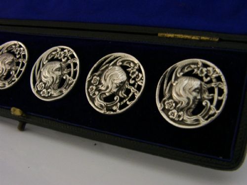 SIX ENGLISH STERLING SILVER ART NOUVEAU MAIDEN BUTTONS 1900 STUNNING CASED - ADDITIONAL PHOTO 6