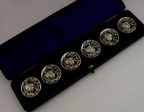 SIX ENGLISH STERLING SILVER ART NOUVEAU MAIDEN BUTTONS 1900 STUNNING CASED - ADDITIONAL PHOTO 7