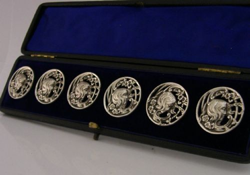 SIX ENGLISH STERLING SILVER ART NOUVEAU MAIDEN BUTTONS 1900 STUNNING CASED - ADDITIONAL PHOTO 8