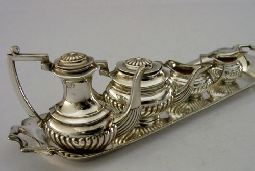 NOVELTY ENGLISH SOLID STERLING SILVER MINIATURE DOLLS HOUSE TEA SET 1969 - ADDITIONAL PHOTO 4