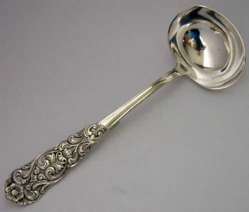 NORWEGIAN 830S SILVER HOOKED BACK SAUCE LADLE C1930 ANTIQUE VALDRES PATTERN 52G