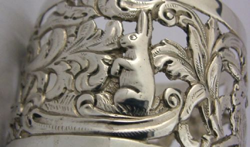 LARGE RARE VICTORIAN STERLING SILVER NAPKIN RING 1893 ANIMALS RABITT GOAT 38G - ADDITIONAL PHOTO 2