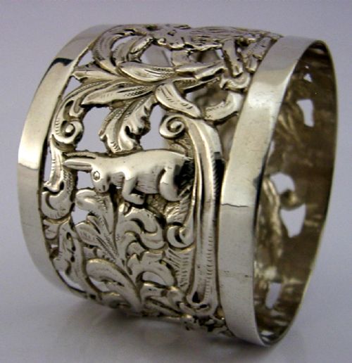 LARGE RARE VICTORIAN STERLING SILVER NAPKIN RING 1893 ANIMALS RABITT GOAT 38G - ADDITIONAL PHOTO 6