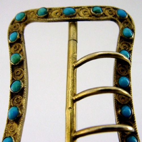 PRETTY 800 SOLID SILVER GILT TURQUIOSE SET BUCKLE C1910 - ADDITIONAL PHOTO 1