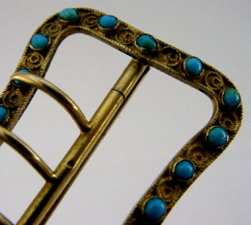 PRETTY 800 SOLID SILVER GILT TURQUIOSE SET BUCKLE C1910 - ADDITIONAL PHOTO 2
