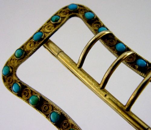 PRETTY 800 SOLID SILVER GILT TURQUIOSE SET BUCKLE C1910 - ADDITIONAL PHOTO 3