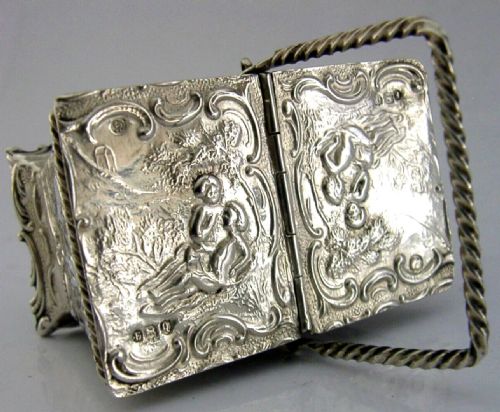 GERMAN STERING SILVER NOVELTY PICNIC BASKET BOX 1891 ANTIQUE ENGLISH IMPORT - ADDITIONAL PHOTO 1